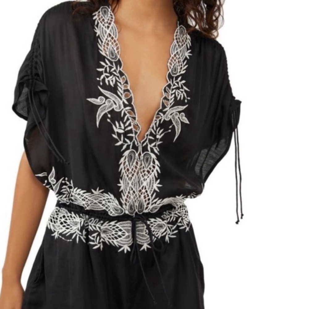 NWT Free People Size XS Romper Weila Embroidered Black Tag  $148  100% Modal